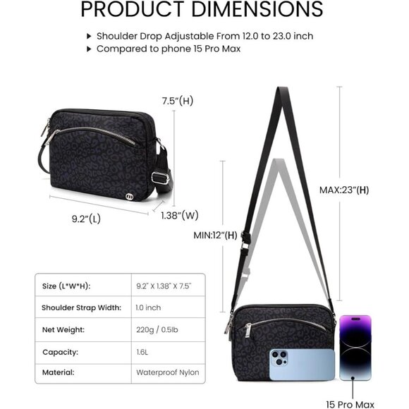 Small Crossbody Bag Women Waterproof Nylon Multi-Pocket Adjustable Strap - Picture 2 of 5